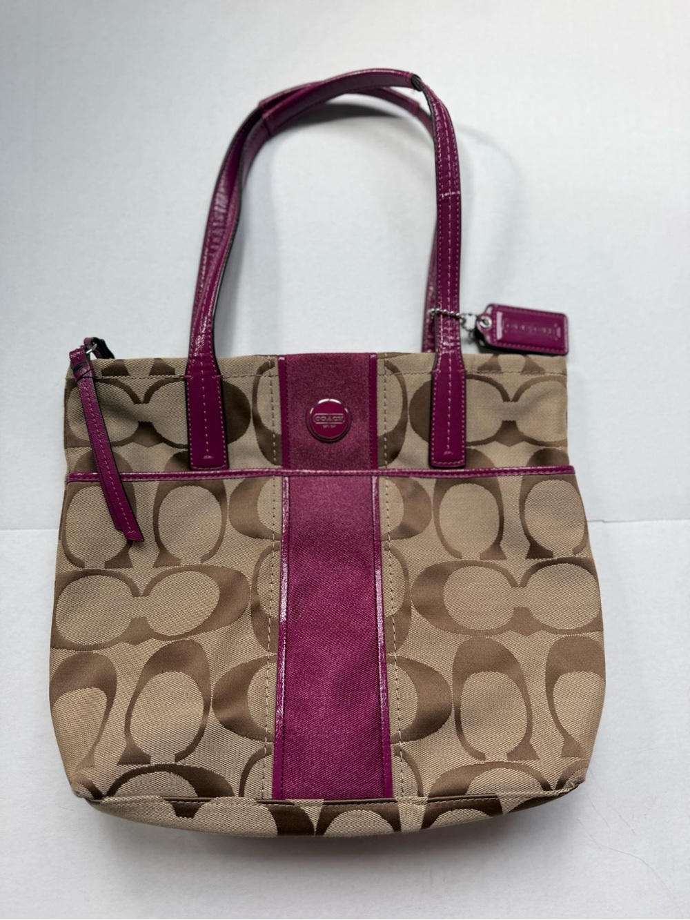 Coach Signature Stripe Tote Y2K Khaki Berry Pink F25771 Shoulder Bag